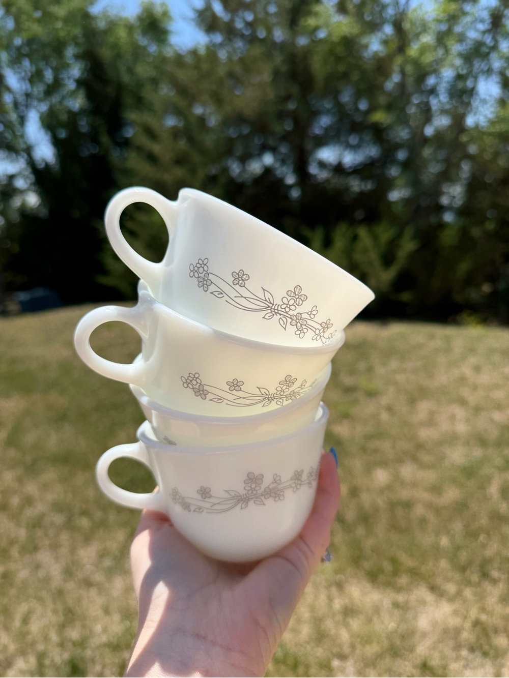 Pyrex White Milk Glass Cups Ribbon Bouquet (Set of 4)